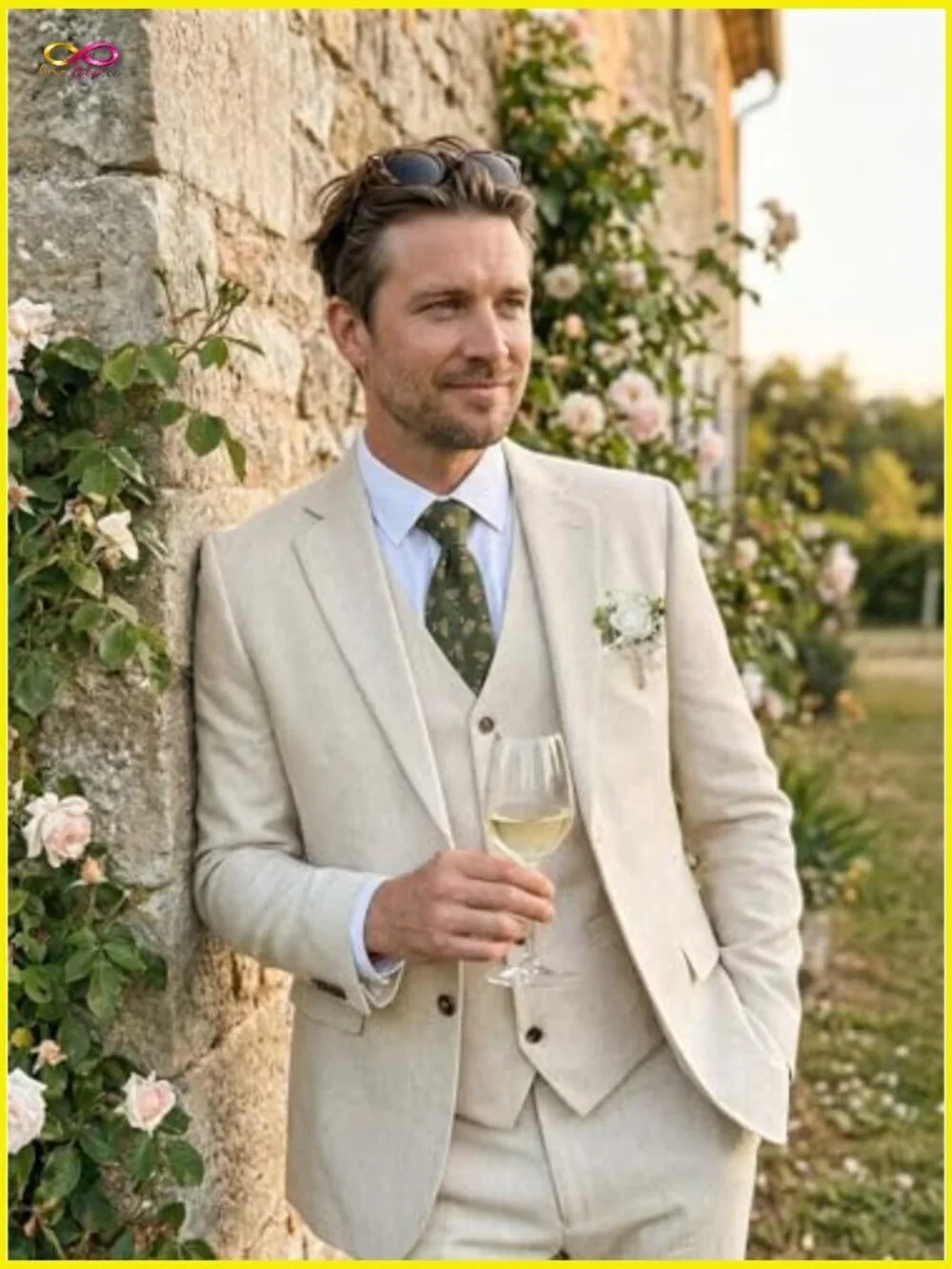Retro Linen Suit Slim Fit 3-Piece Blazer Vest Pant Groom Wedding Tuxedo